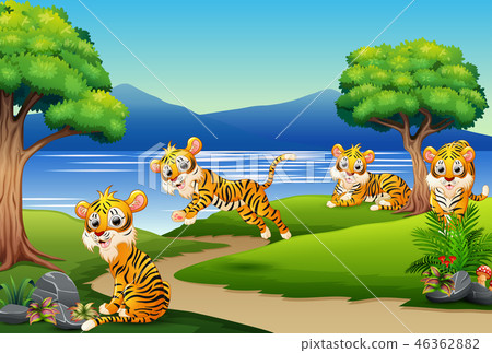 插图素材: happy tiger group cartoon on the nature scene 查看全部