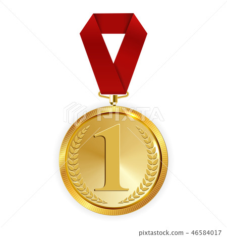 图库插图: champion art golden medal with red ribbon