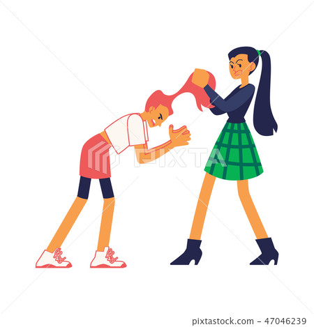 插图素材: vector teen girls fight pull each other hair out