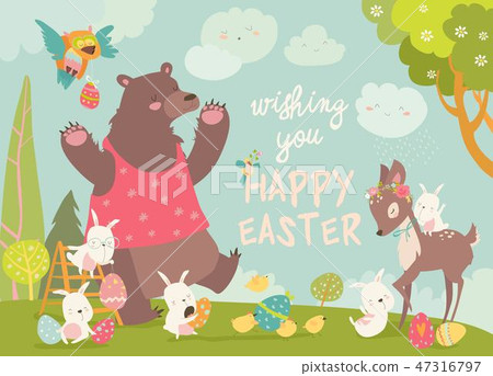 图库插图: cute bear,happy rabbits and little deer celebrating