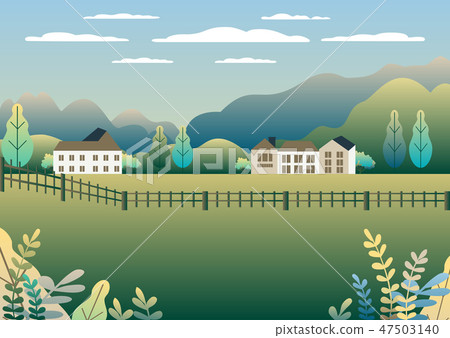 插图素材: rural valley farm countryside village landscape