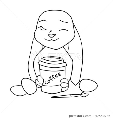 插图素材: coloring page easter bunny painting egg and coffee