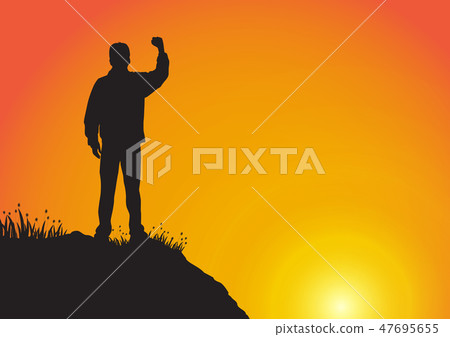 插图素材: young man on the cliff with fist raised up