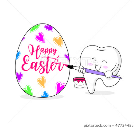 插图素材: cute cartoon tooth painting easter eggs.