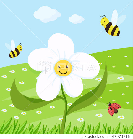 spring cartoon landscape with trees and clouds and flowers