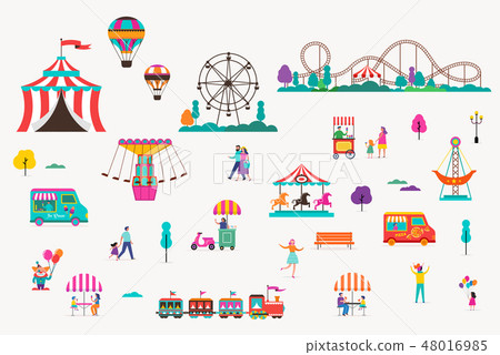 amusement park with carousels, air balloons and roller coaster