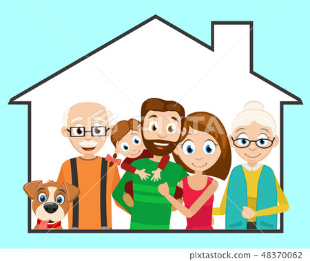 插图素材 happy friendly family and a dog in his house.