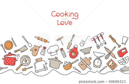 flat简笔画,简笔画 插图素材: cooking flat horizontal seamless pattern.