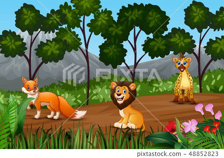 插图素材: group of wild animals gathering on the forest