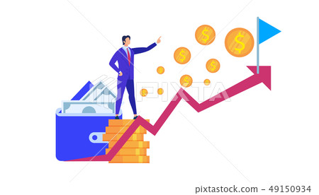 插图素材: business man stand at coin pile pointing on flag, 查看