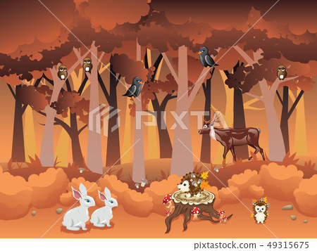 插图素材 cartoon autumn forest with animals