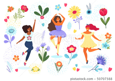插图素材: vector template with happy women and flowers.