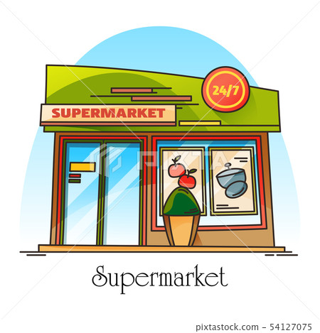 插图素材: exterior view on supermarket building. shop, store