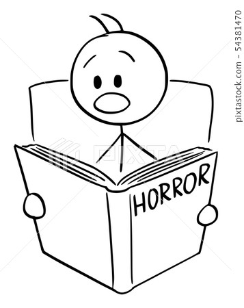 vector cartoon of frightened man reading scary horror book