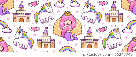 插图素材: magic seamless pattern with mermaids, unicorns.