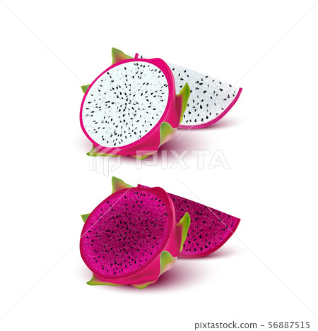 插图素材: red dragon fruit, whole fruit and half.