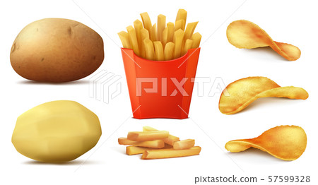 插图素材: set of potato snacks, french fries, chips