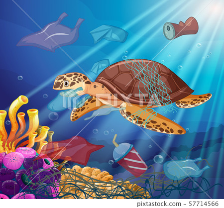 插图素材: sea turtle and plastic bags in the ocean