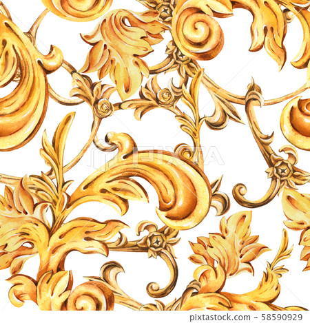 Watercolor Golden Baroque Floral Curl Seamless Stock Illustration