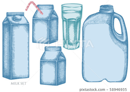 set of hand drawn pastel glass, milk boxes, gallon of milk