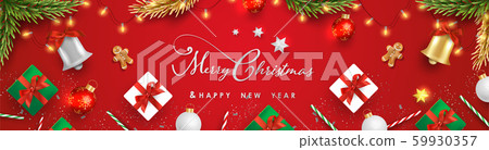 design with realistic festive objects, light hanging, garland