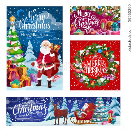 插图素材: christmas santa deer sleigh, winter holiday gifts