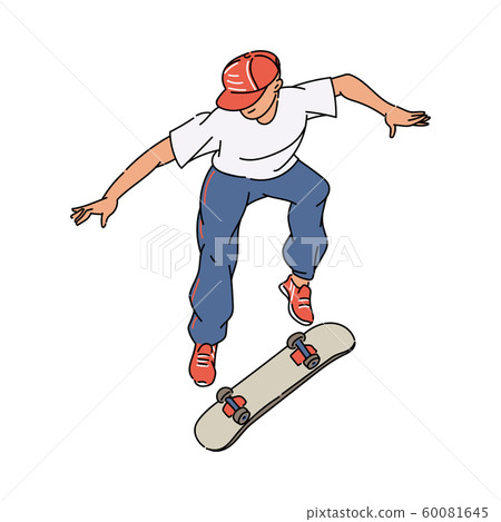 插图素材: cartoon skateboarder jumping high while flipping a