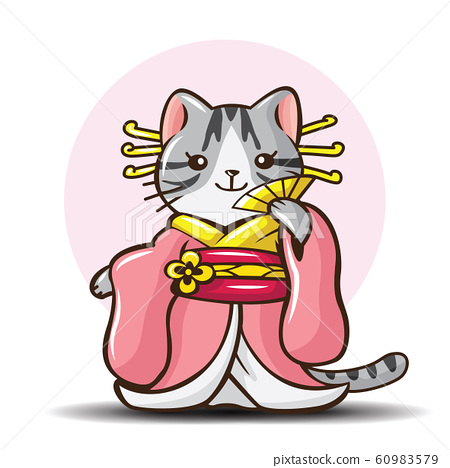 插图素材 cute american shorthair cat on kimono costume