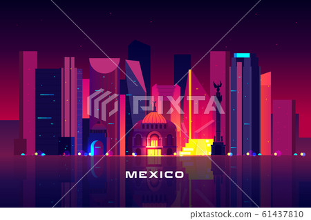 插图素材: mexico city skyline, neon lighting night cityscape