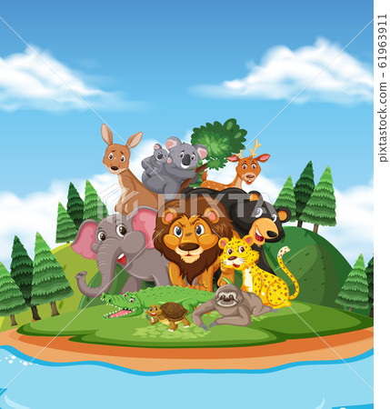 插图素材: scene with many wild animals in the park