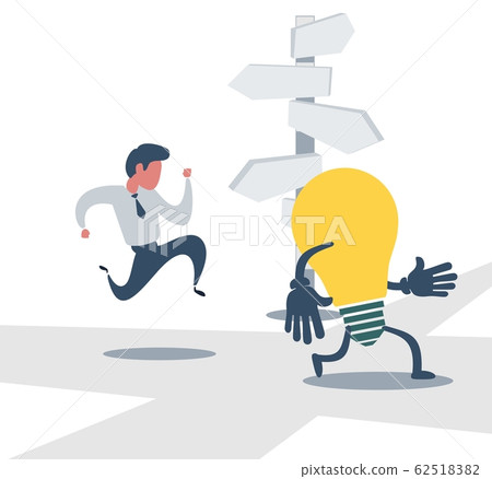 插图素材: businessman run after idea bulb through the crossroad.