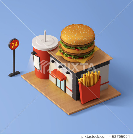 插图素材: 3d shop building with food at the top isometric 006