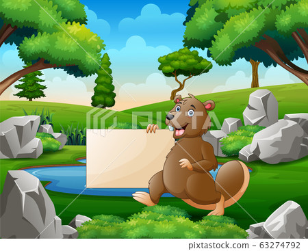 插图素材: a beaver holding blank sign near the small pond 查看