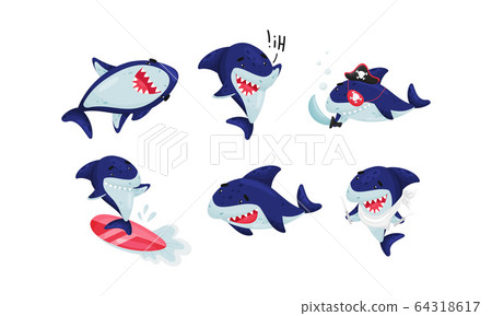 图库插图: cartoon toothy shark surfboarding and greeting vector