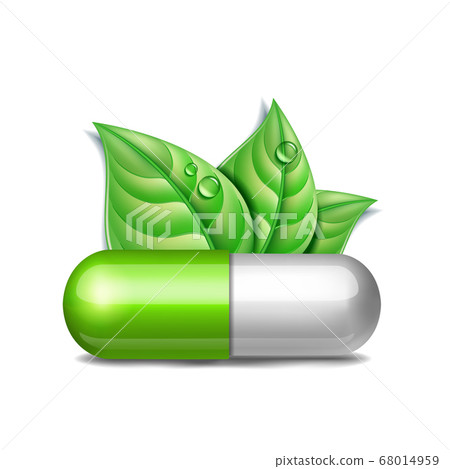 Green Natural Medical Pill With Green Leaves Stock Illustration