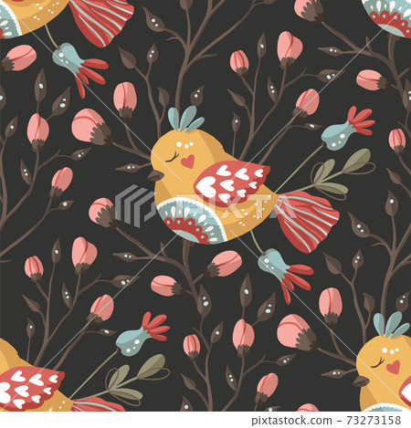 Bird And Flower Seamless Vector Pattern Stock Illustration