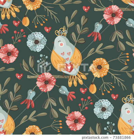 Bird And Flower Seamless Vector Pattern Stock Illustration