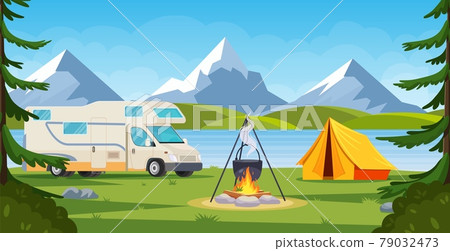 Summer Camp In Forest With Bonfire Tent Stock Illustration