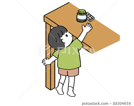 A Boy Trying To Reach For Medicine On The Table Stock Illustration