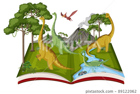 Book With Scene Of Dinosaurs In The Woods Stock Illustration