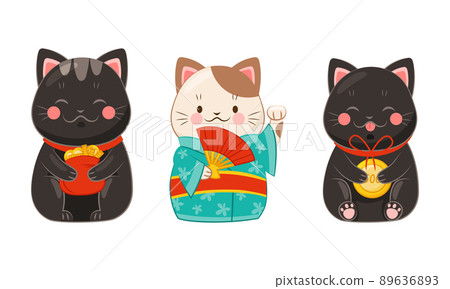 Japanese Maneki Neko Cats Set Traditional Stock Illustration