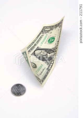 100 yen coin and 1 dollar bill 100 yen coin and 1 dollar bill 211791