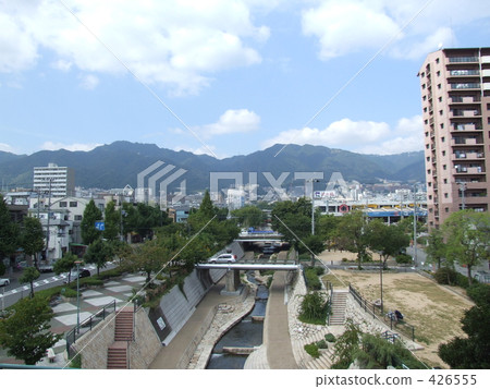 A river flowing through a city and a water park 426555