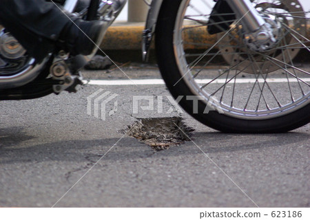 A bike running over a pothole on the road 623186