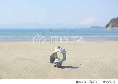 可以看到海灘的貝殼和可以看到富士山的藍色海和天空 可以看到海灘的貝殼和可以看到富士山的藍色海和天空 649475