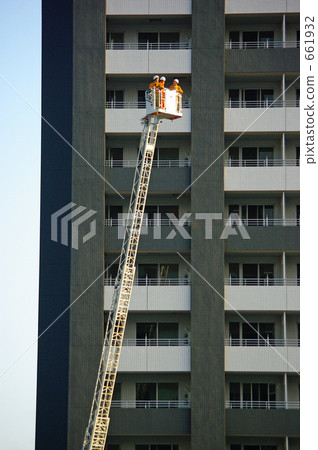 Stock Photo: fire drill, hook and ladder truck, high-rise apartment building