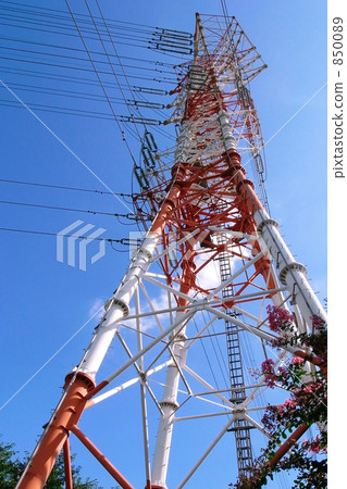 Summer sky and red and white power transmission tower a 850089