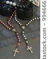 Gray and red retro rosary necklace 994666