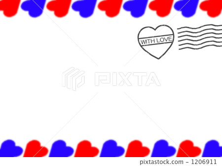 航空郵件風格卡片，帶有心形邊框，包括心形郵票。 1206911