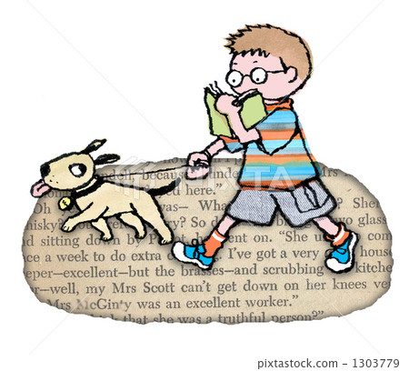 A reading boy walking with a dog 1303779